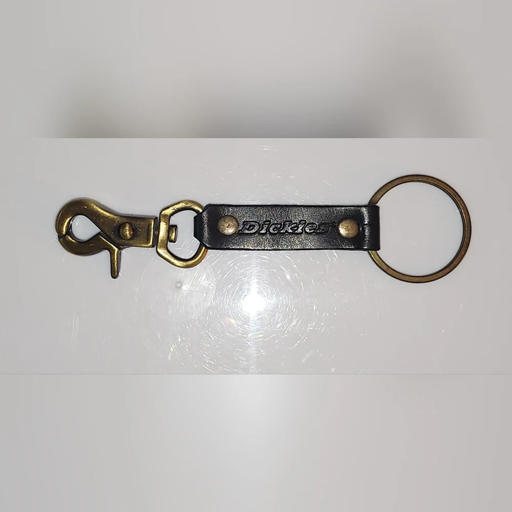 DICKIES Keychain Black Genuine Leather Brass Clip and Keyring with Embossed Logo - Picture 1 of 9
